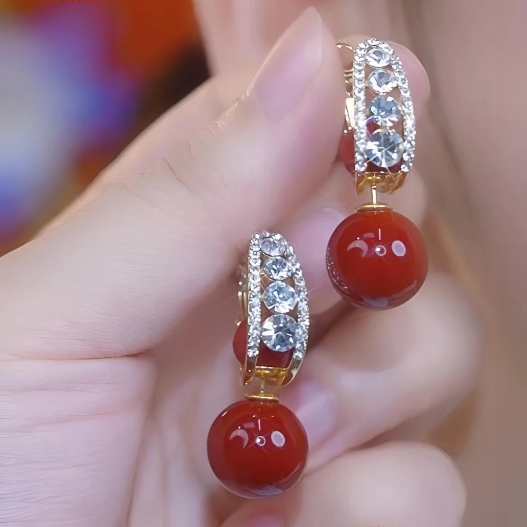 铜合金耳饰 芝倾260时尚轻奢气质两戴红色珠珠设计感耳钉过年耳环