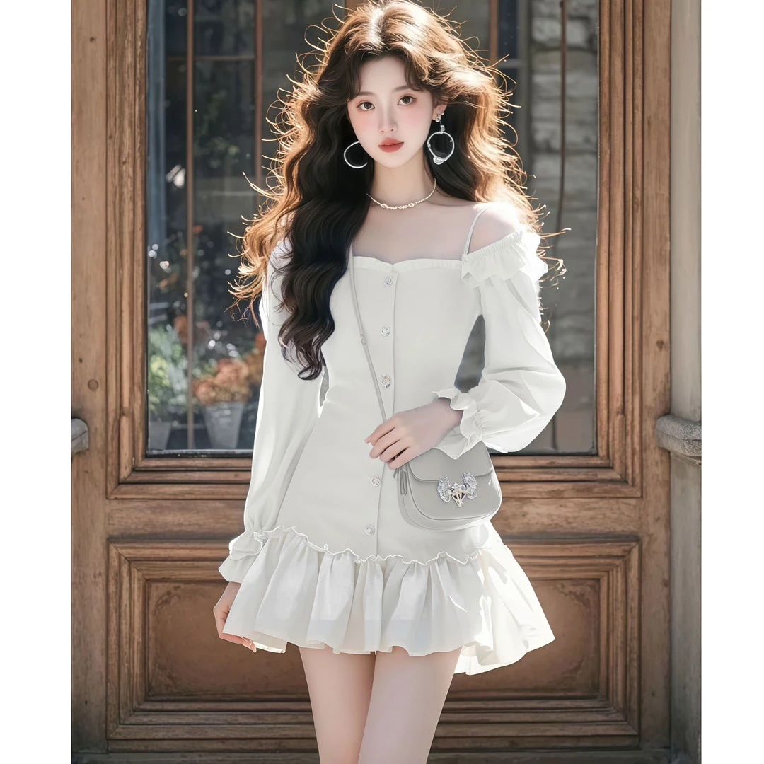 富家千金高级感白色连衣裙女2025春季新款收腰显瘦漂亮绝美短裙子