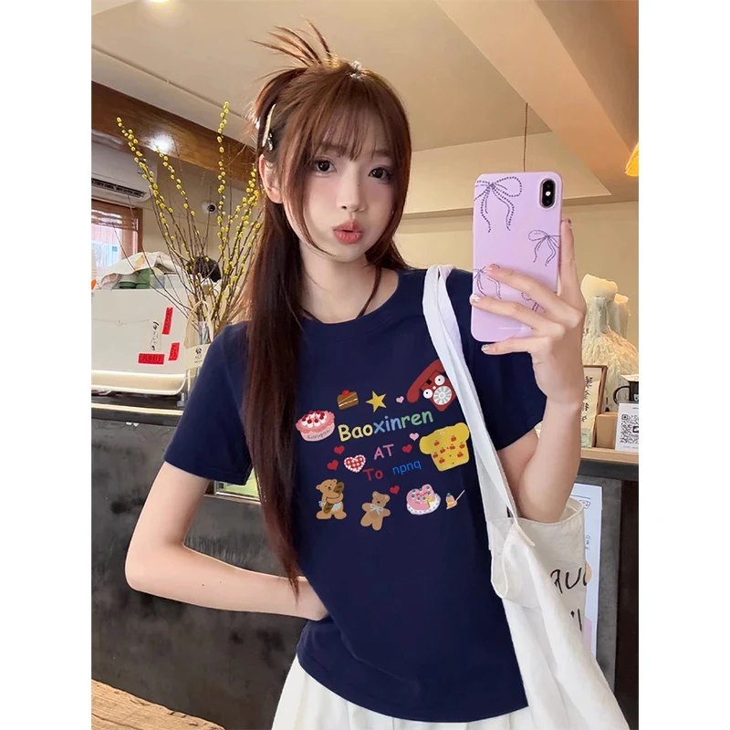【92%棉8氨纶】新款夏季印花圆领正肩短袖宽松百搭女士T恤显瘦韩版