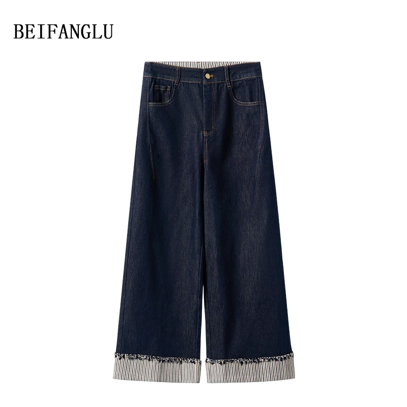 北方鹿【高级感丹宁蓝】垂顺感卷边休闲直筒阔腿显瘦牛仔裤女251292