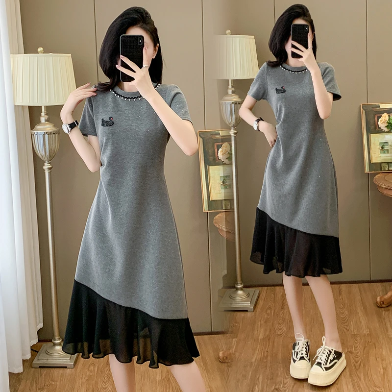 高端洋气夏季重工镶钻褶皱大码显瘦雪纺拼接鱼尾气质圆领连衣裙