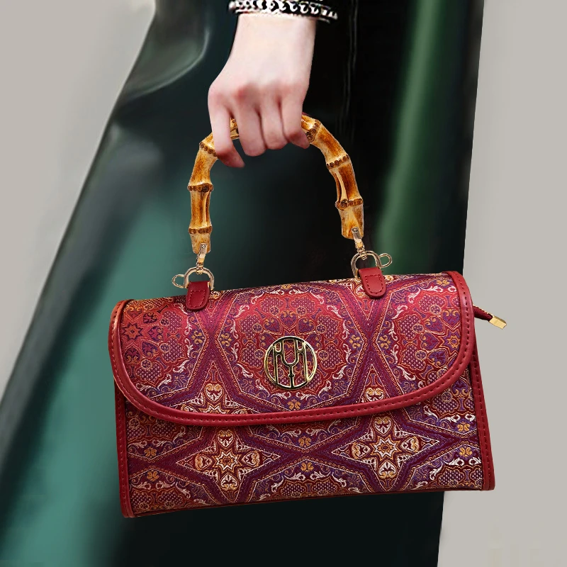 手提包气质中年妈妈旗袍包斜挎包2026春季新款国风刺绣宴会包竹节