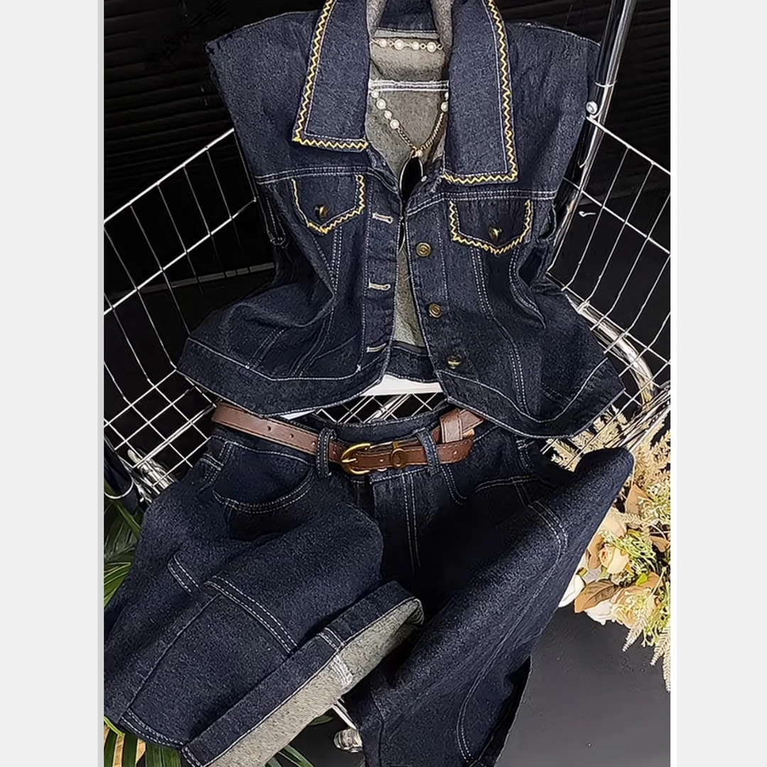 早秋季新款时尚明线polo领牛仔马甲搭配八分牛仔裤显瘦套装