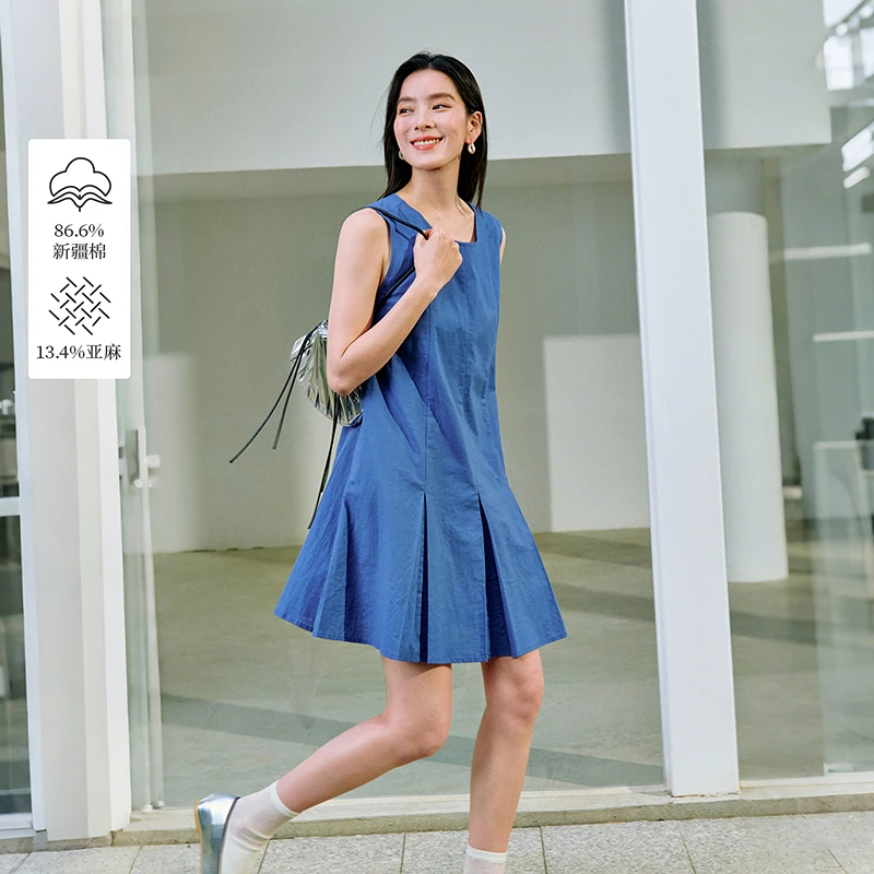 【王雪糕专属】茵曼亚麻透气压褶无袖森系宽松显瘦裙子W18528323