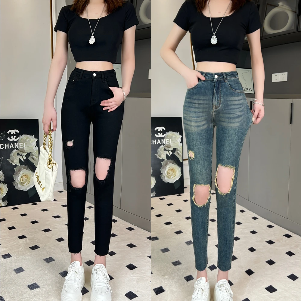 朵品2025网红旅拍街头爆款破洞牛仔裤女紧身弹力显瘦小脚铅笔裤子