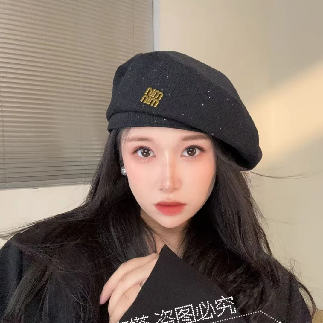 气质复古金属字母贝雷帽子女春秋季出游百搭画家帽子大头尾