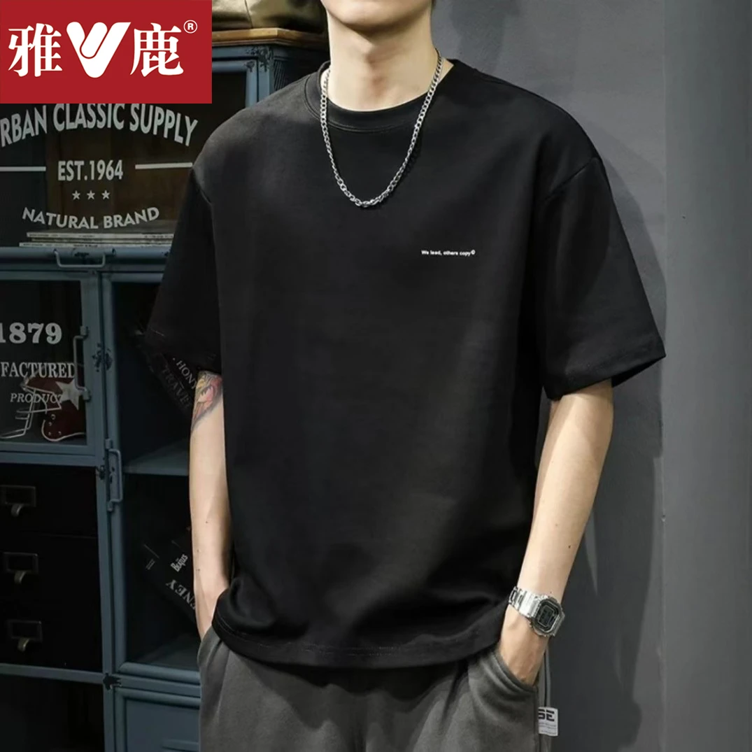 雅鹿棉潮牌短袖T恤男士夏季街头重磅休闲圆领印花短袖