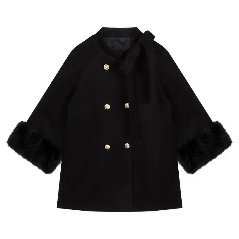 秋冬女毛呢外套短款黑色毛呢大衣气质翻领呢大衣黑色