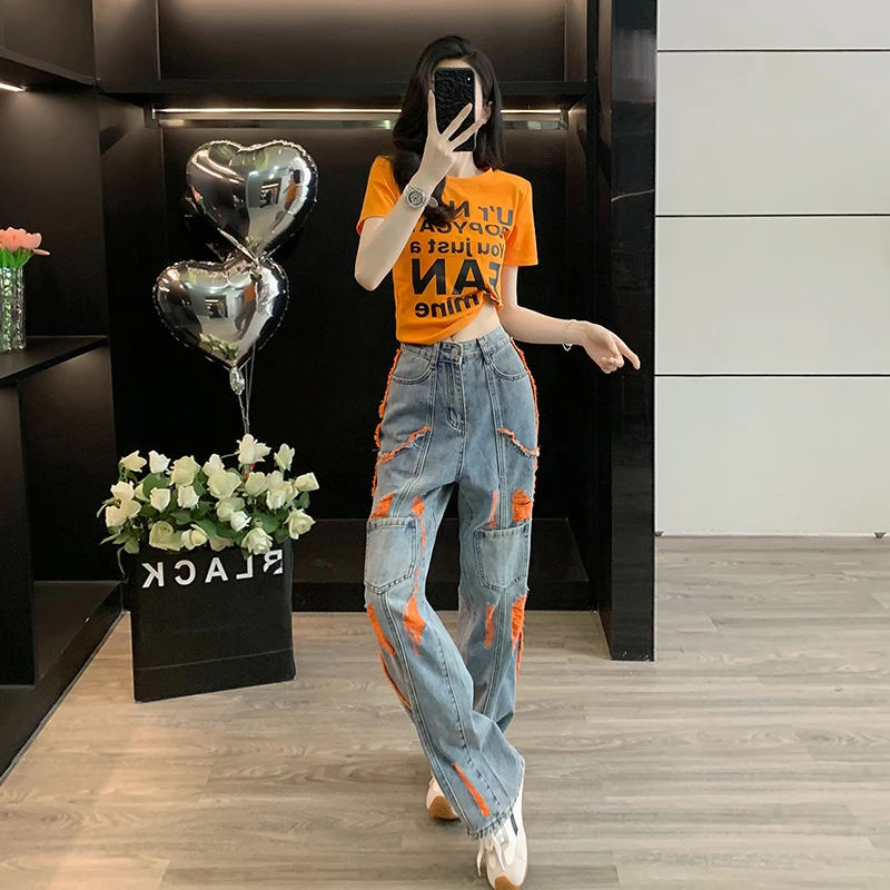 韩系chic别致穿搭一整套夏季高街破洞牛仔阔腿裤薄款休闲时尚套装