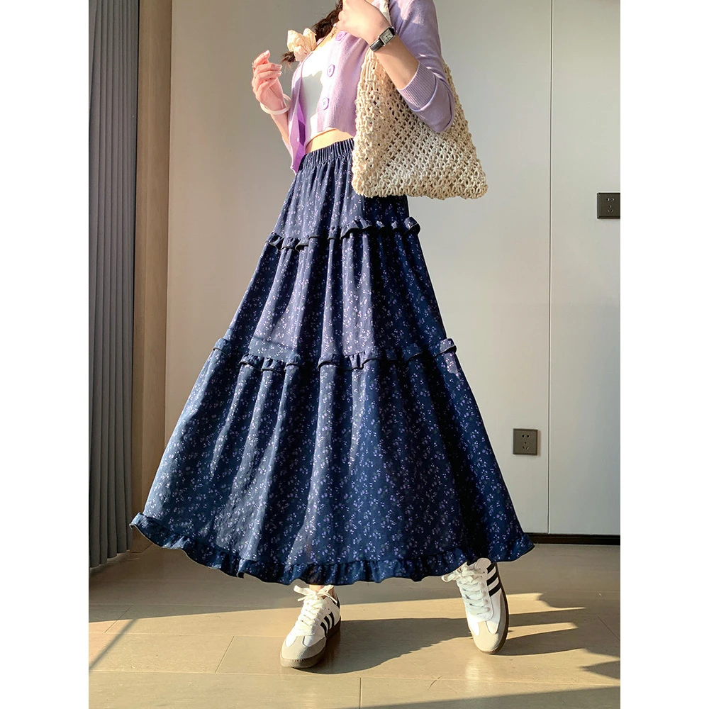 法式复古碎花半身裙女春夏新款高腰显瘦遮胯字裙中长款大摆裙子