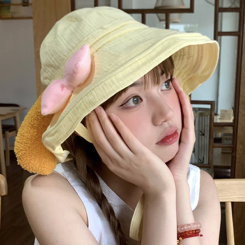 饼饼防晒渔夫帽耳朵蝴蝶结甜美可爱女夏大帽檐遮阳防紫外线太阳帽
