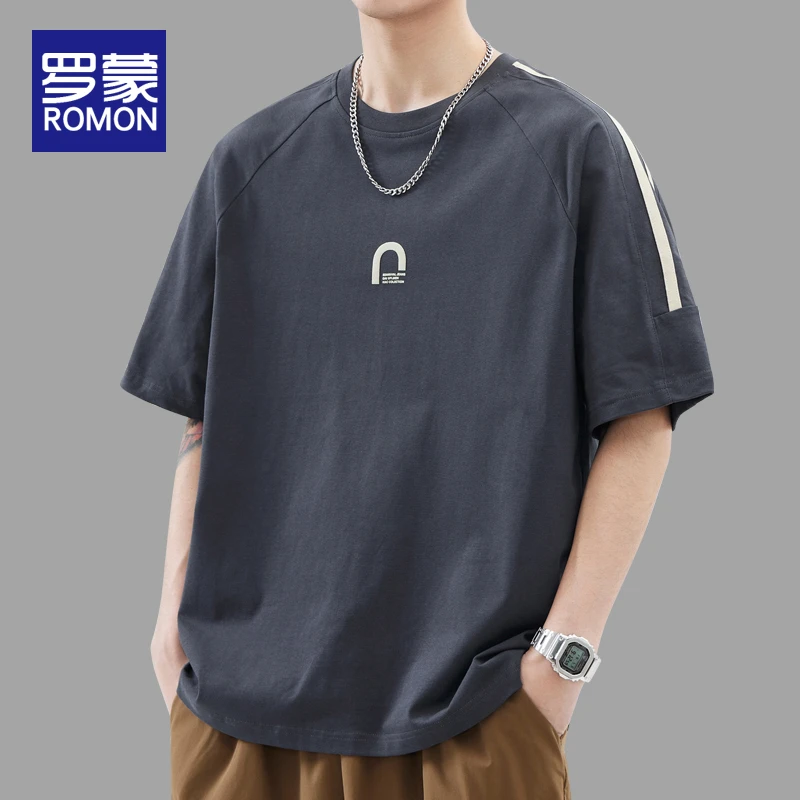 罗蒙男士夏季薄款短袖t恤潮牌纯棉百搭半袖男款圆领休闲上衣服男