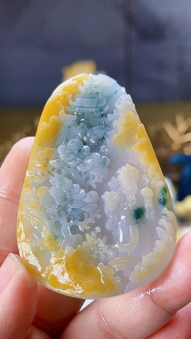 【新春好物】天然缅甸翡翠黄加绿山水财神毛货需抛光尺寸67-44-8