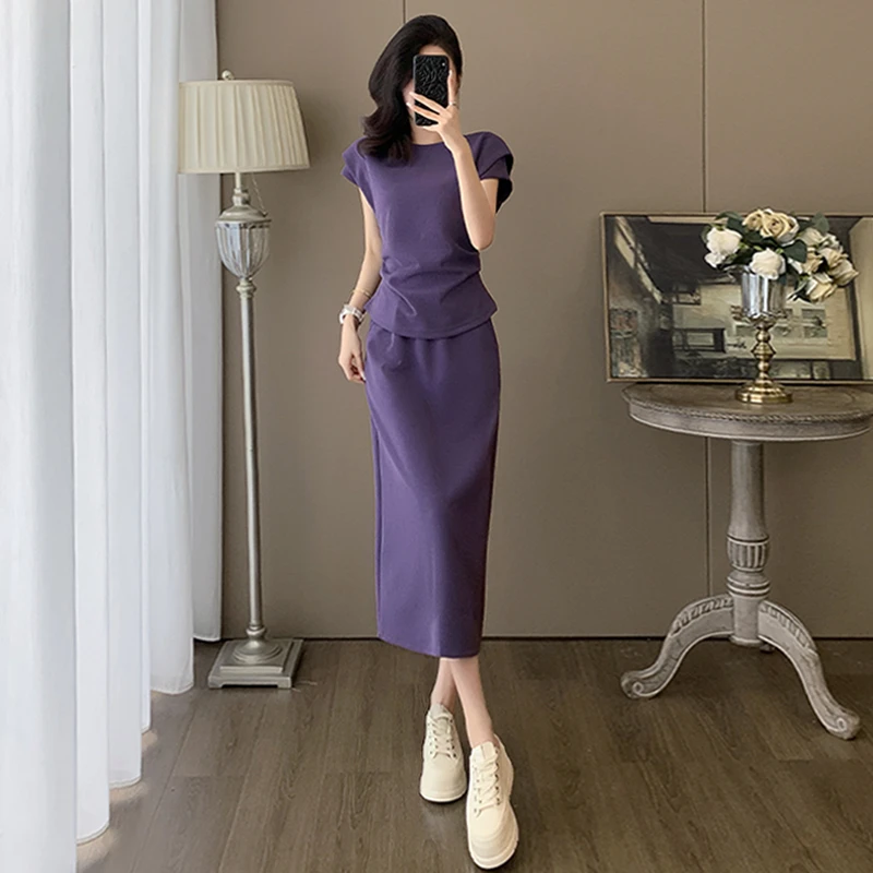 韩版女夏季新款时尚洋气套装裙紫色圆领短袖上衣半身长裙两件套潮