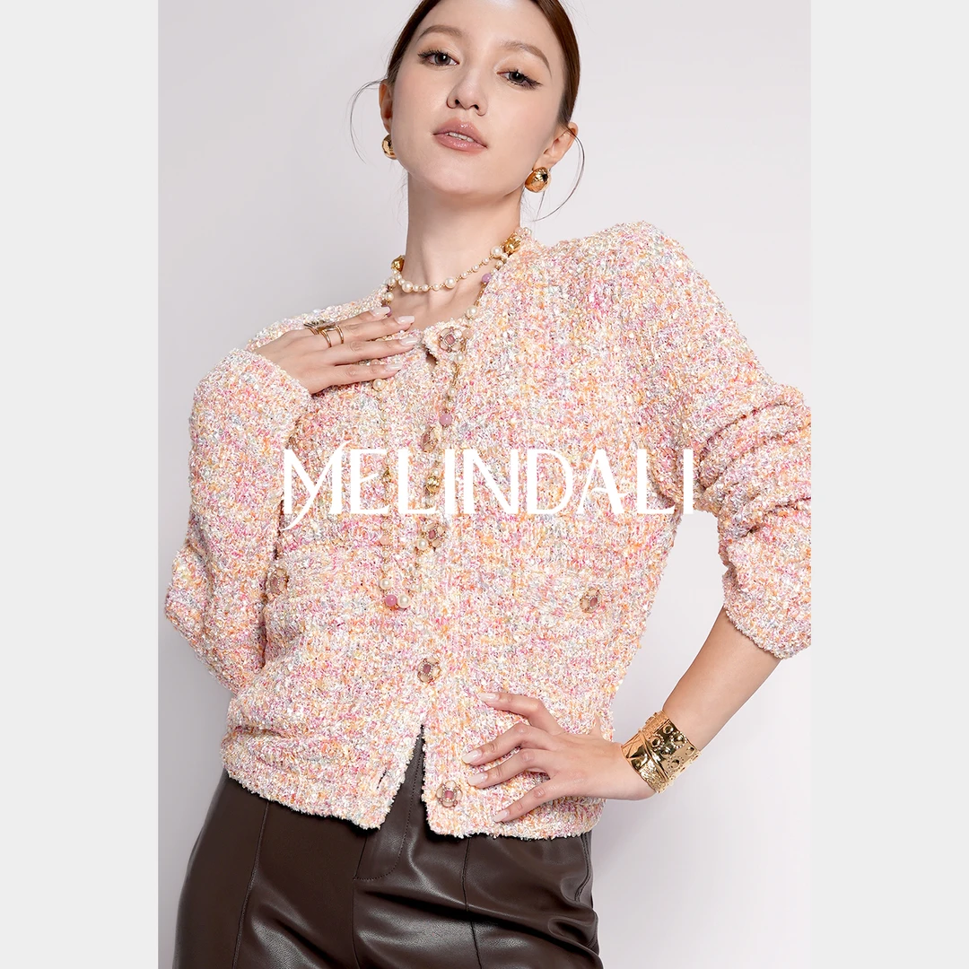 Melinda Li【彩宝珊瑚】贵气千金感幻彩花纱小香风针织开衫短外套秋