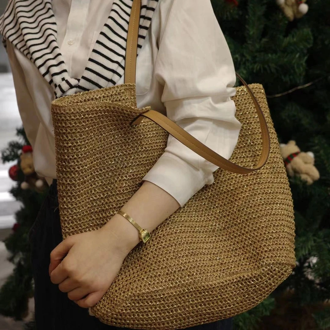 亮片款单肩包编制单肩编织托特包双根可折叠编织包包通勤