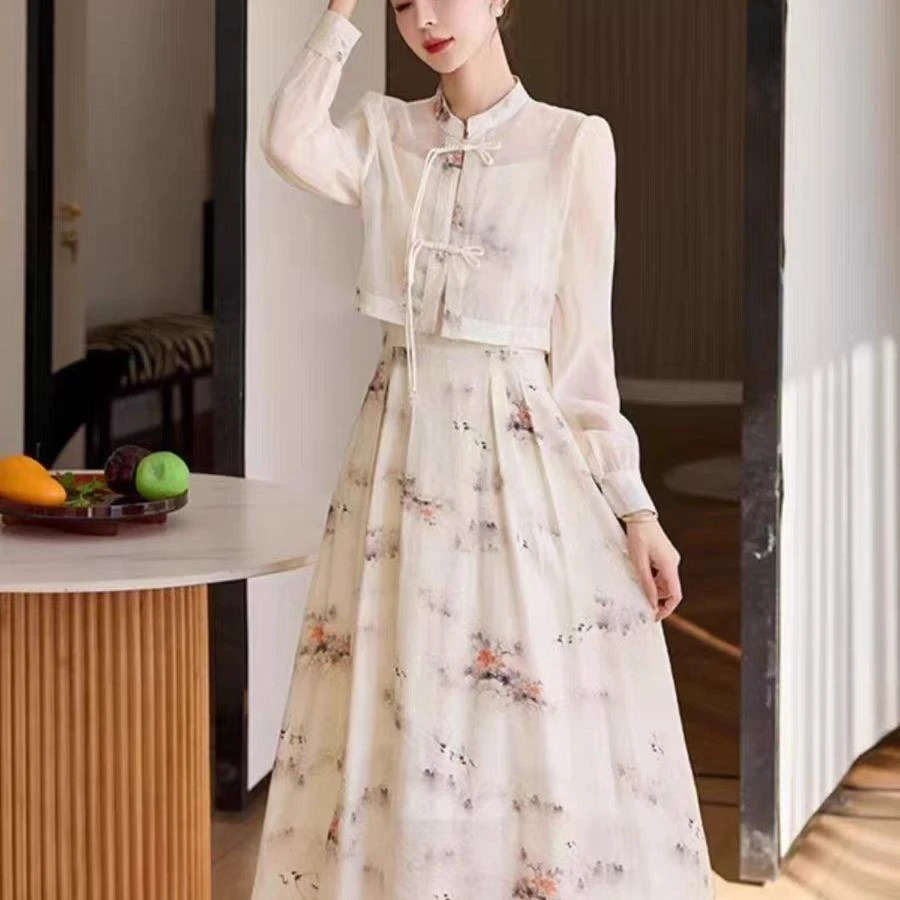 Q2947新中式浪漫！淡雅水墨印花裙装，盘扣设计，穿出诗意感BLG5512