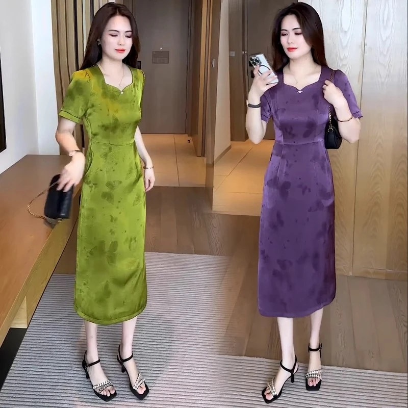 时尚短袖连衣裙女2025夏季新款洋气质修身显瘦中长款气质减龄裙子