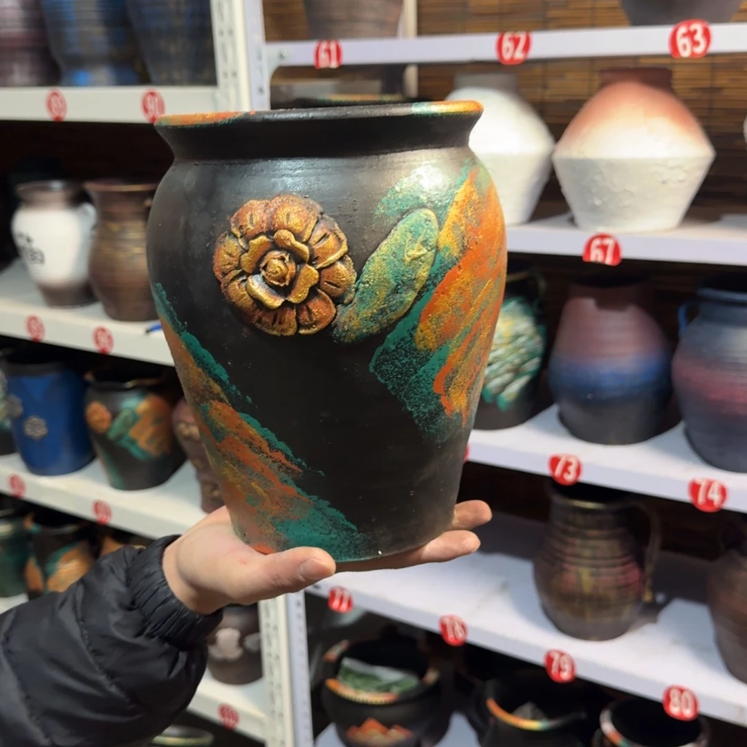 红陶红陶浮雕花盆炸炸炸