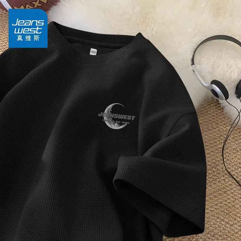 真维斯华夫格圆领T恤男2025夏季新款重磅运动健身百搭五分袖短袖