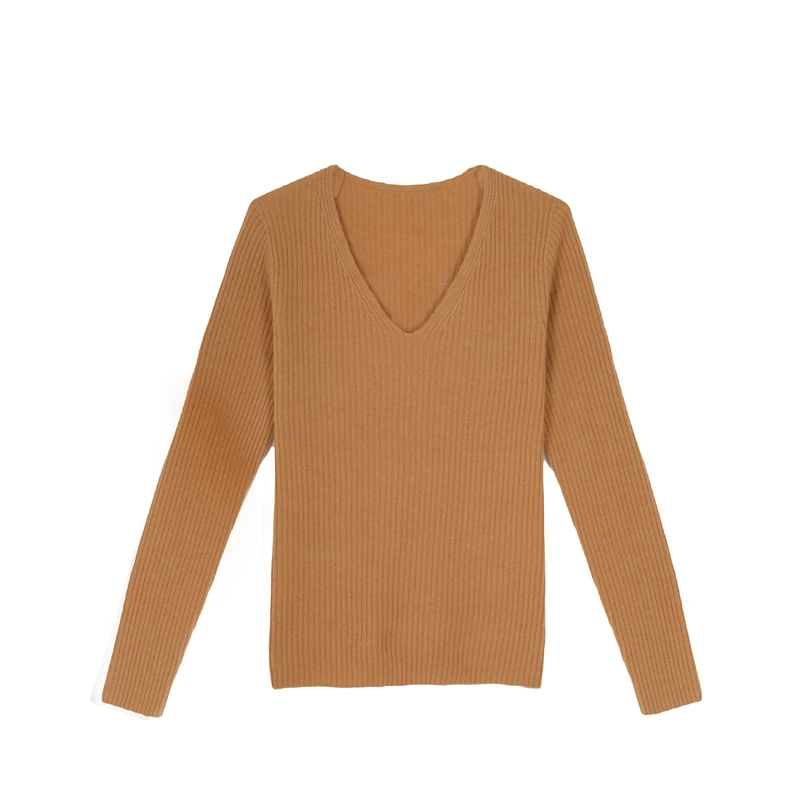 24秋冬款无缝一体简约V领百搭长袖针织套头衫-