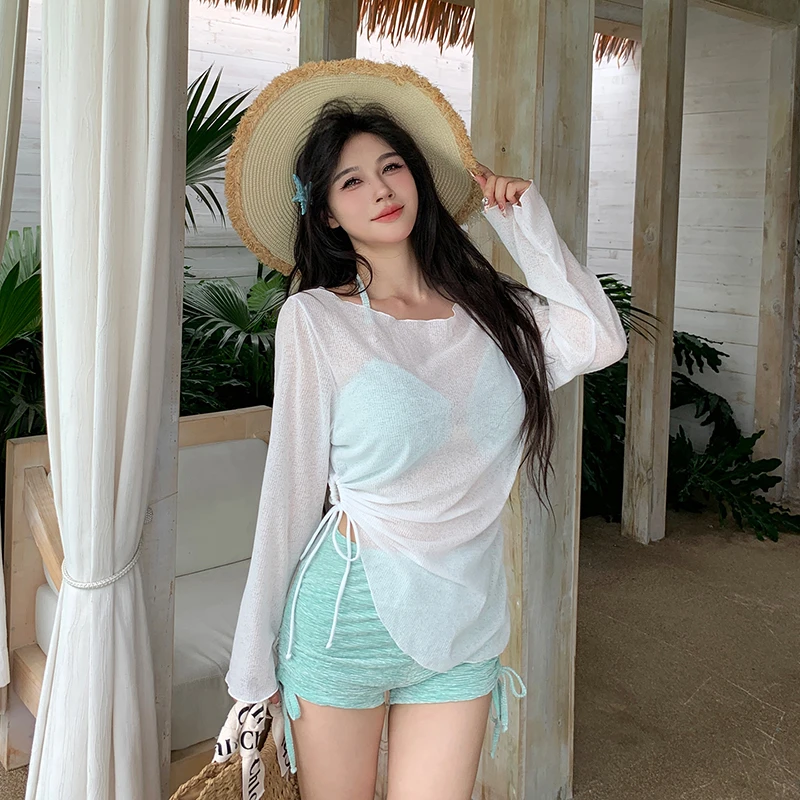 JX2025新款胖mm大码女士度假分体泳衣长袖保守遮肉显瘦性感泳衣女