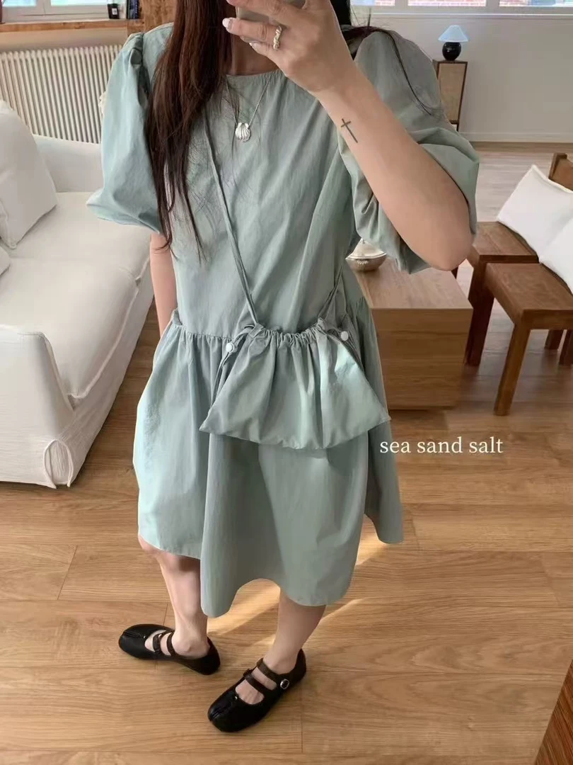 （清新脱俗）韩档首单！韩系2025夏新款泡泡袖A字娃娃裙（配包包）C629