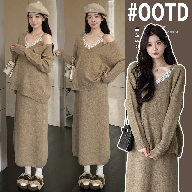 【苏安诺】孕妇装秋冬季法式贵气高级感吊带连衣裙韩版减龄两件套装