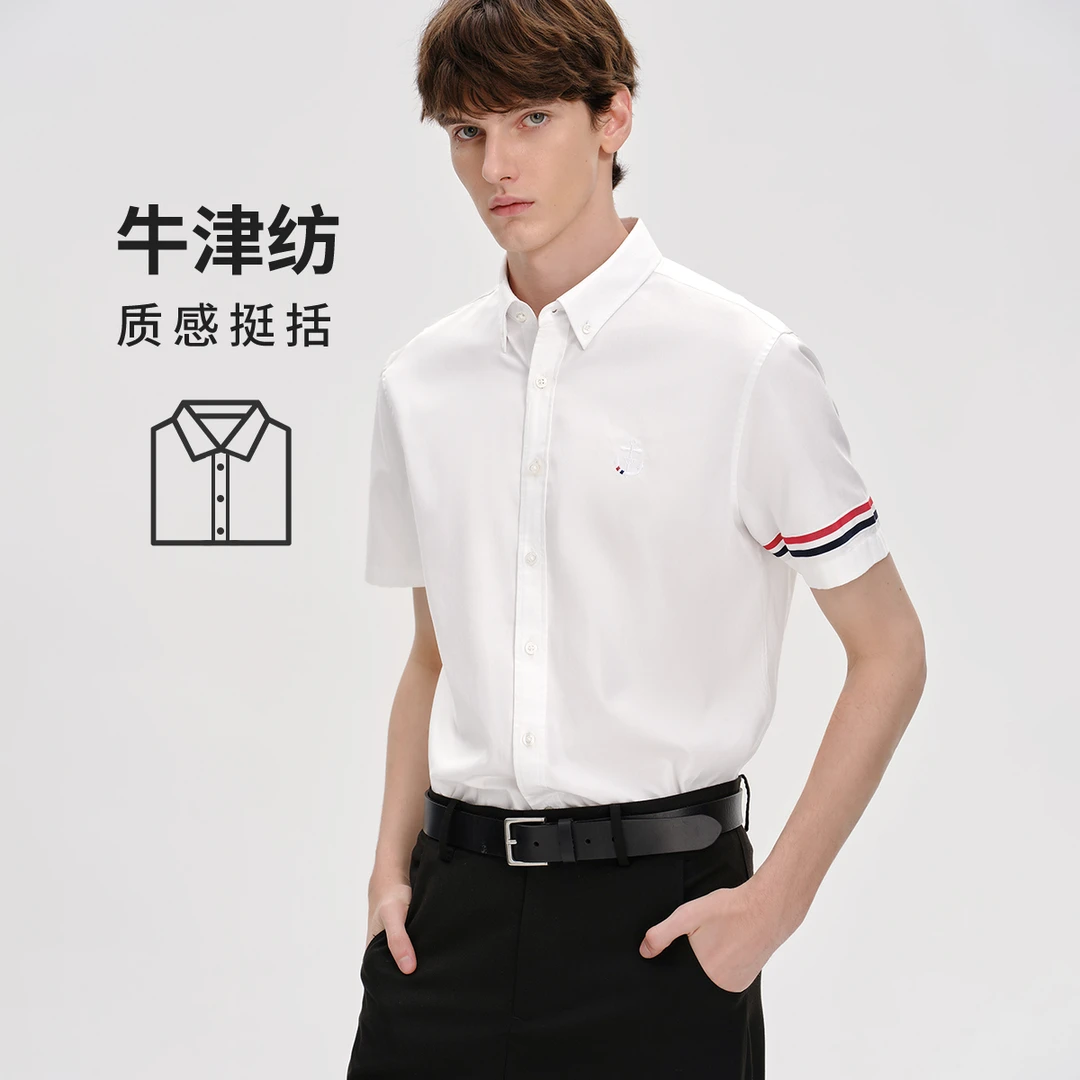 [纯棉挺括]navigare意大利小帆船男短袖衬衫撞色织带牛津纺衬衣