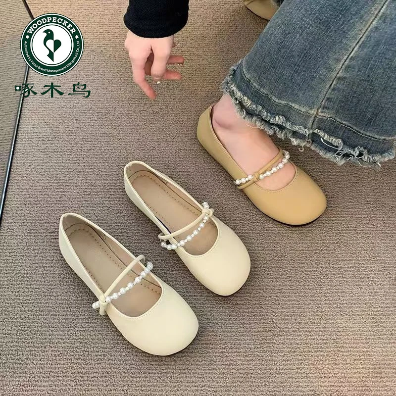 啄木鸟珍珠晚晚风温柔平底单鞋女春夏季玛丽珍配裙子奶奶鞋子孕妇