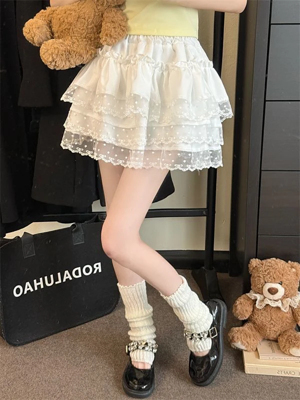 YouMi▪✿新款夏季甜美刺绣蝴蝶结蕾丝边蓬蓬蛋糕裙女显瘦a字半身裙