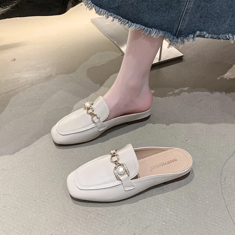 G半拖鞋女外穿金属扣哑光平底穆勒鞋软底包头拖鞋懒人鞋珍珠