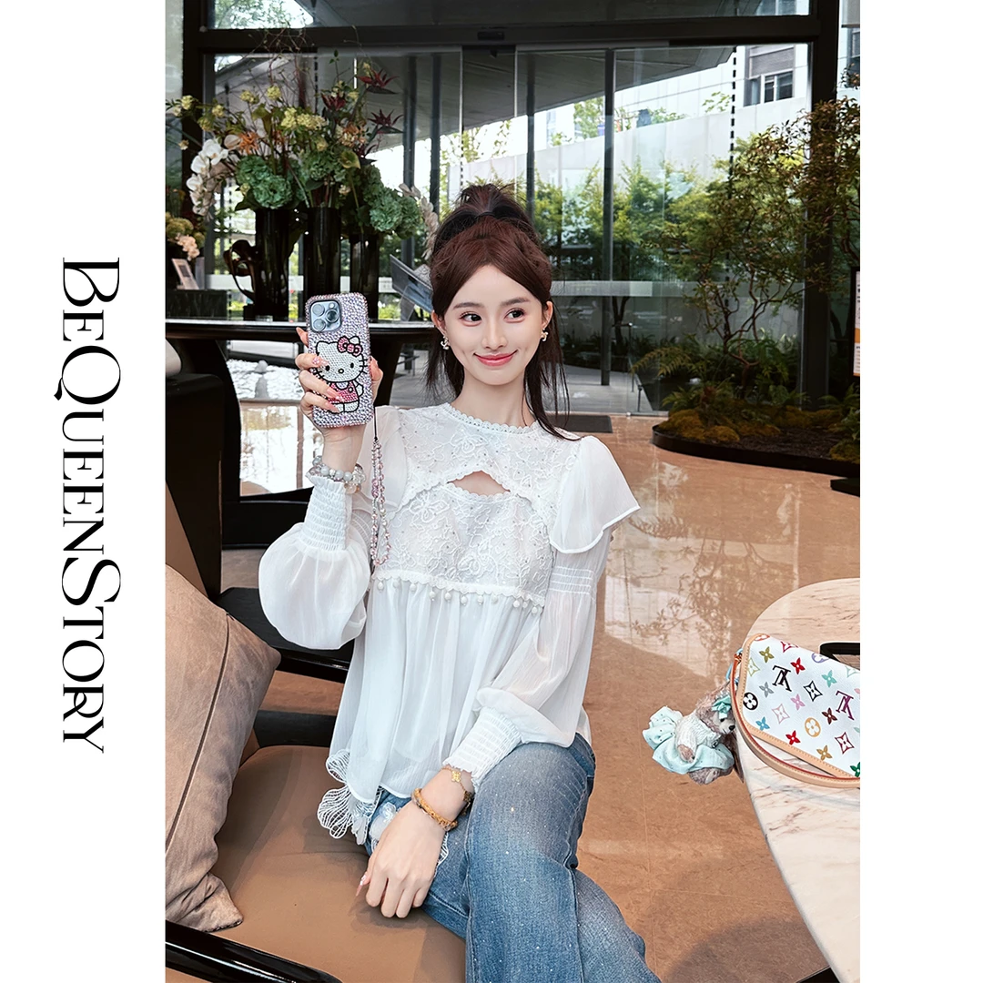 韩韩IU【白玫瑰礼赞】精致优雅千金风亮片绣花蕾丝圆领精致小上衣夏