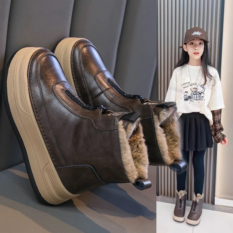 女童雪地靴英伦风2025秋冬季新款中大童加绒短靴小女孩学生大棉鞋