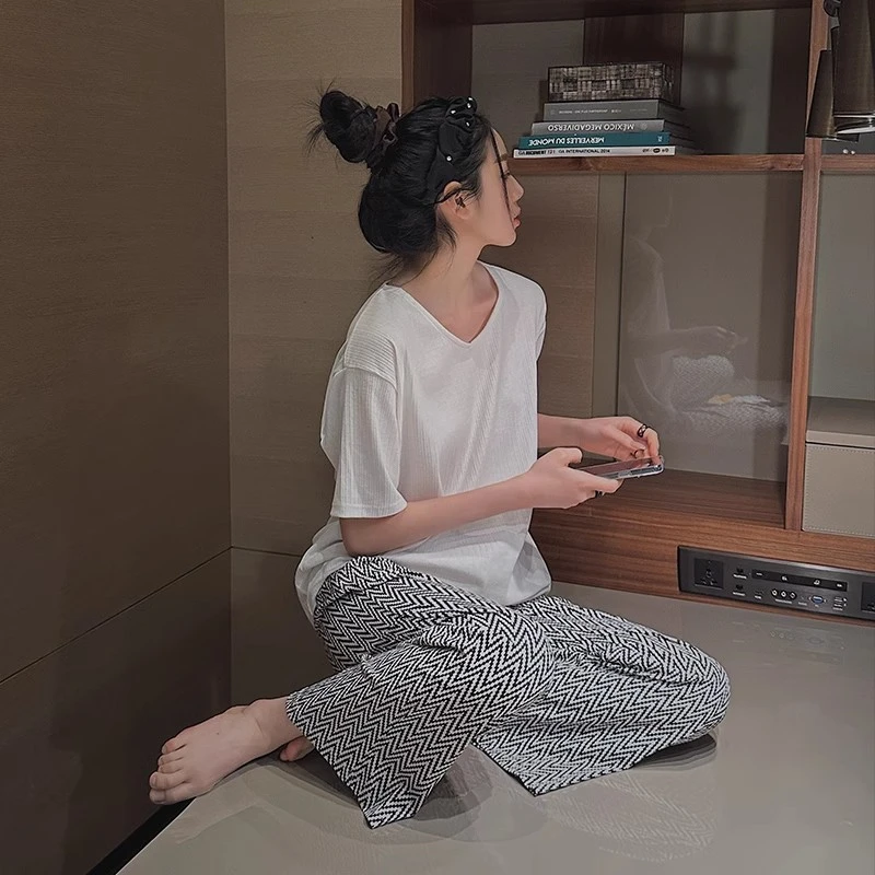 女大学生睡衣推荐夏季短袖长裤条纹睡衣女大码休闲运动家居服套装