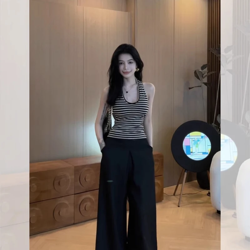 法式条纹绝美挂脖小吊带背心女夏季外穿辣妹穿搭露背绑带无袖上衣