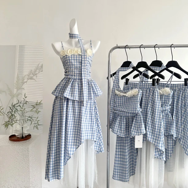 3D-JP · 夏季新款法式荷叶边吊带+设计感网纱拼接不规则半身裙