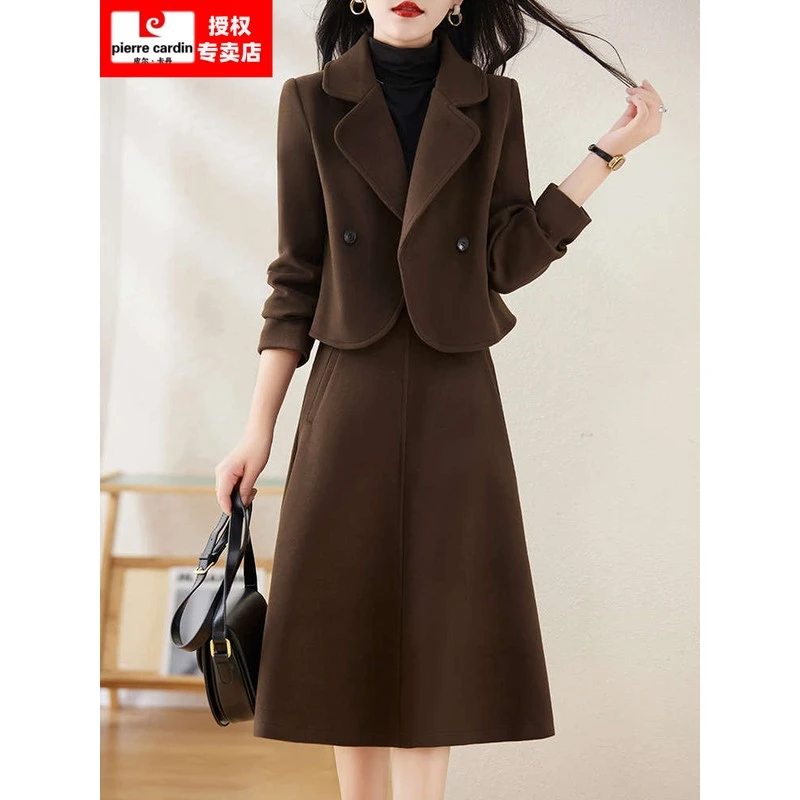 皮尔卡丹羊毛衫女秋冬毛呢套装裙韩版加厚羊绒连衣裙西装领呢子外