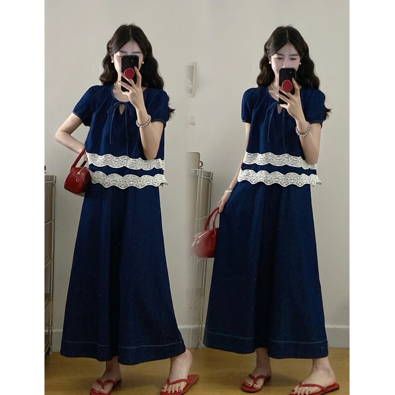 大码夏季新款胖MM复古气质花边拼接牛仔上衣宽松半身裙洋气两件套