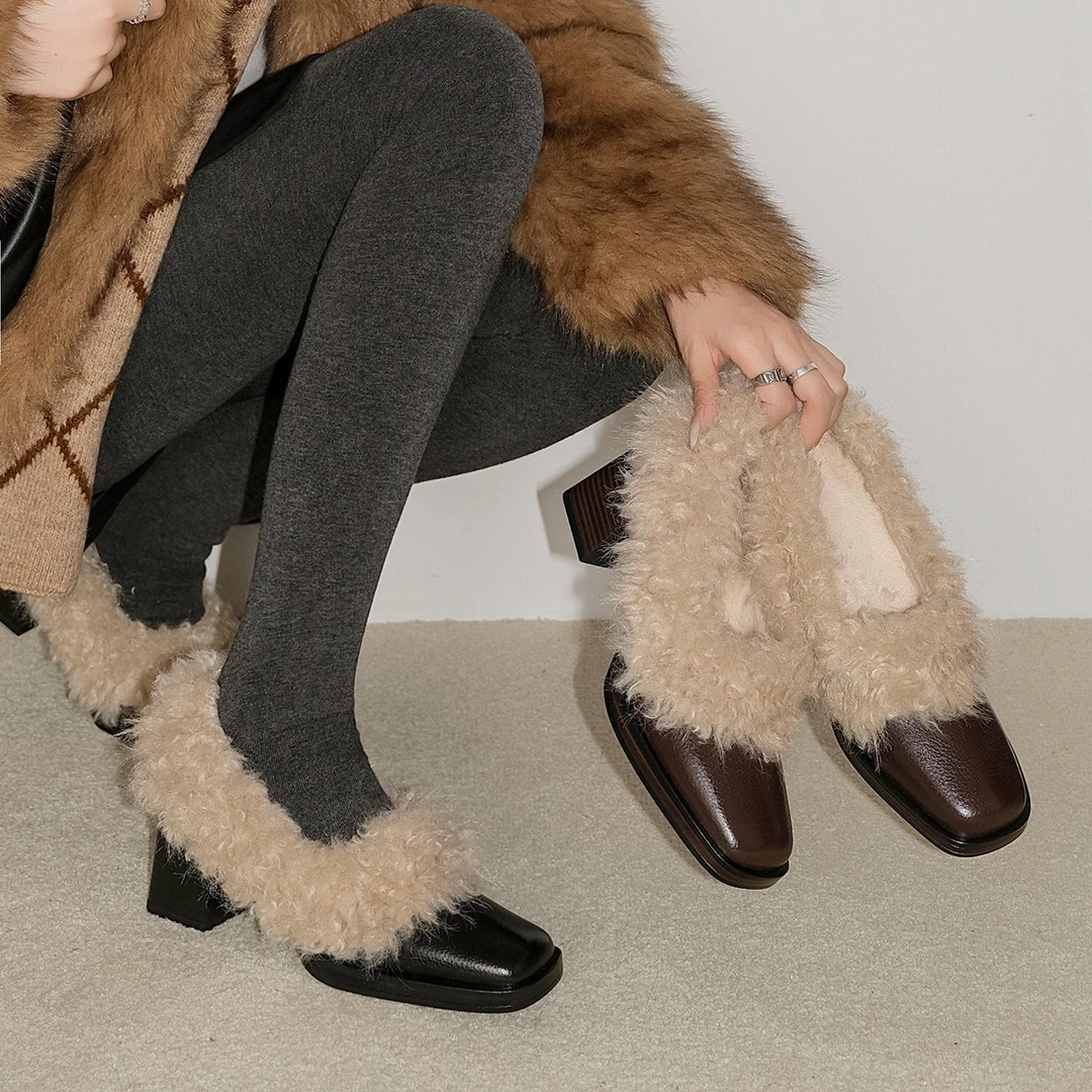 高端款~韩国ins毛毛粗跟方头加绒单鞋深口高跟乐福鞋复古小皮鞋女