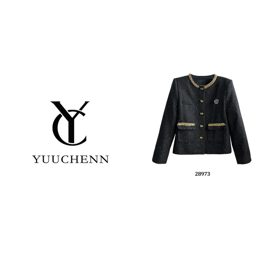 YUUCHENN 显瘦修身甜美气质长袖小香风外套轻奢短款黑色 28973