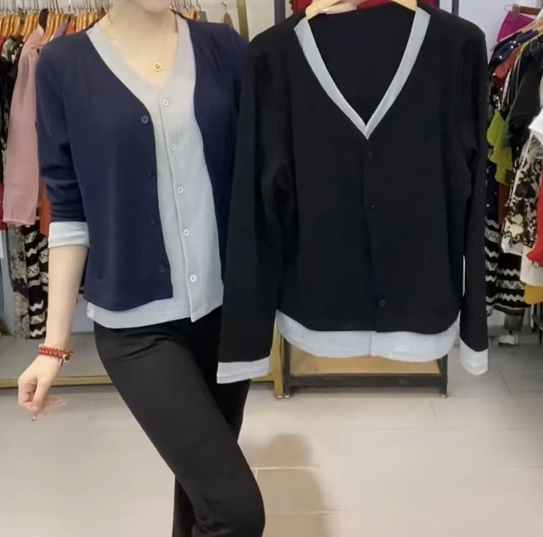 拼色拼接长袖开衫百搭秋季假两件时尚气质早秋