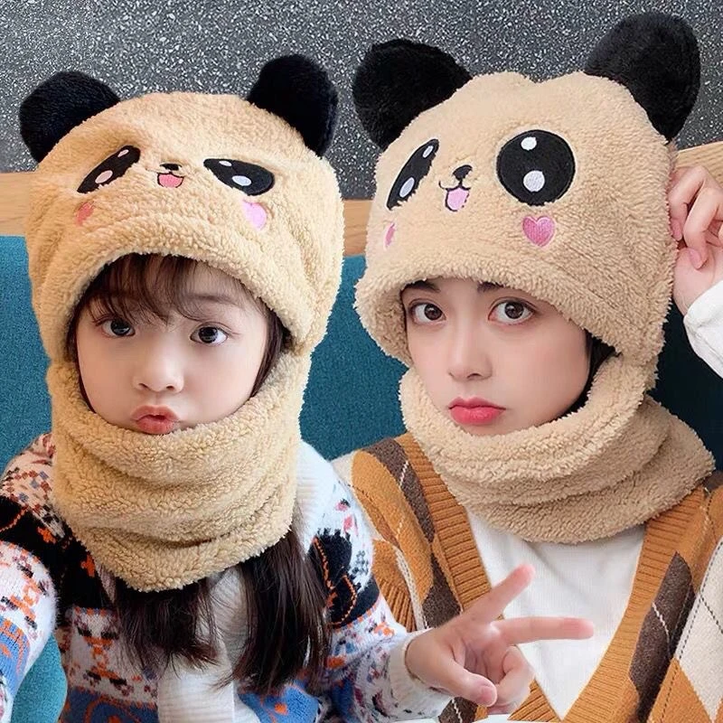 卡通风儿童帽子秋冬男童女童护耳帽围脖一体可爱宝宝帽加绒耳朵棉