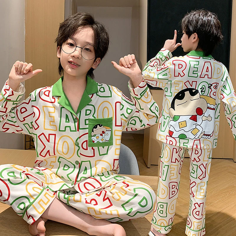 新款男童睡衣宽松秋冬款棉涤套装中大童12-15岁小男孩卡通家居服