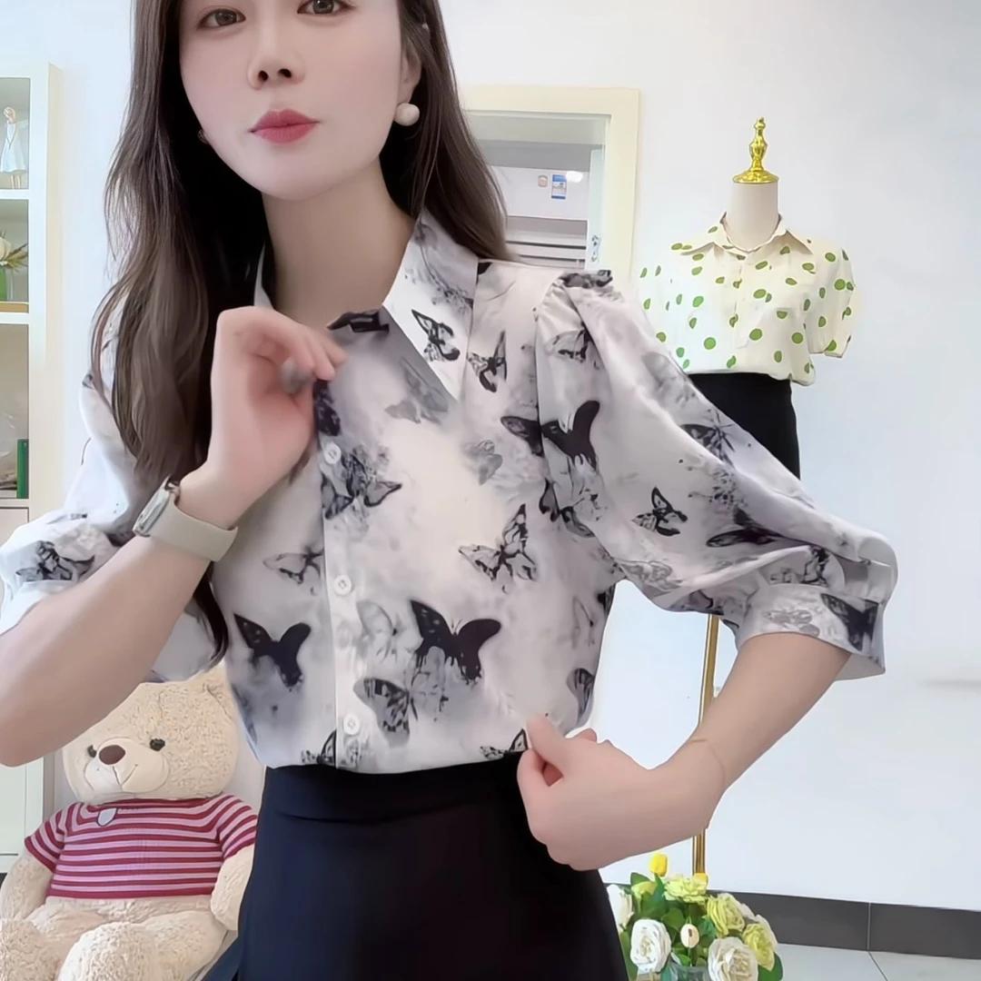 设计感小众气质蝴蝶印花衬衣2025年夏季新款衬衫女显瘦泡泡袖上衣