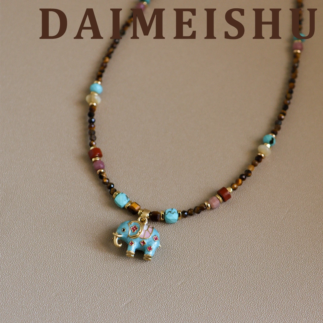 黄铜木质项链 原创复古滴油小象虎眼石松石珍珠项链配饰女轻奢小