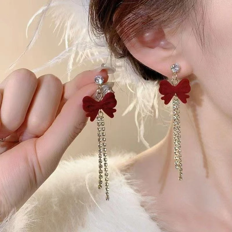 合金耳饰 复古港风A0036红色耳钉植绒气质法式小众耳环女