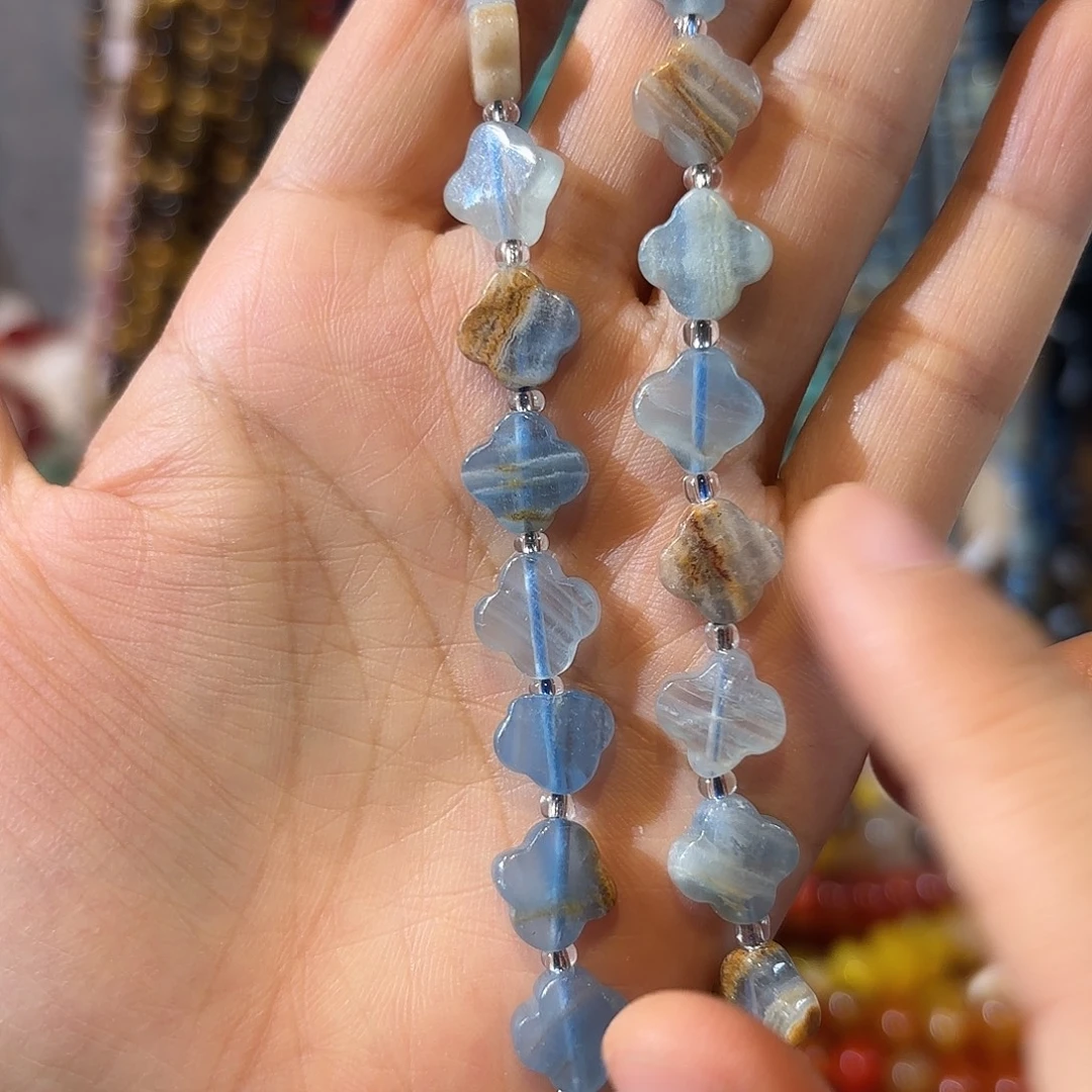 玛瑙/玉髓银S925镀金镶嵌珠宝半成品蓝方解四叶草一条