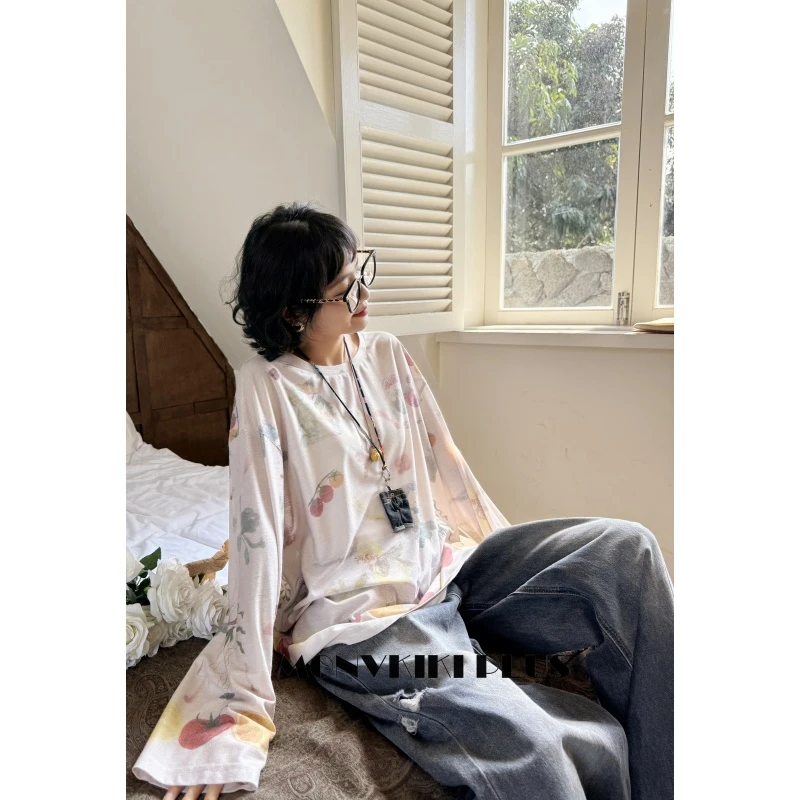 MoNvKiKiPlus2“水果派对”大码微胖80天丝打底长袖T恤#1757