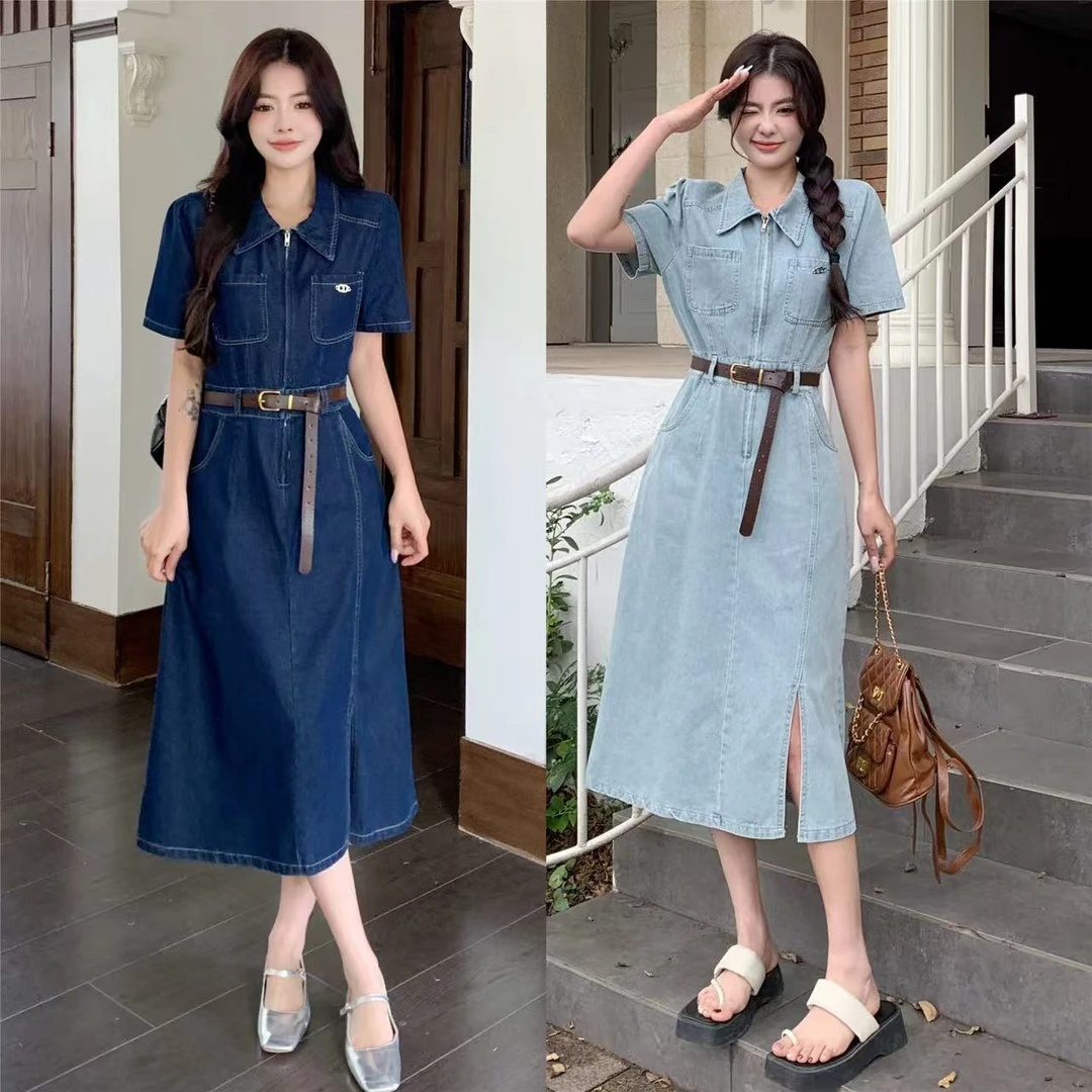 2025夏季新款大码女装短袖连衣裙遮肉显瘦胖mm开叉中长牛仔裙1551